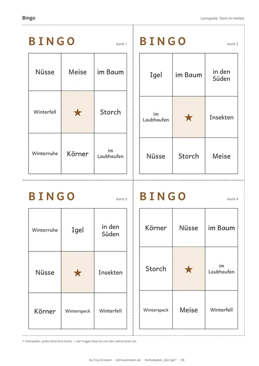Bingo „Tiere im Herbst“